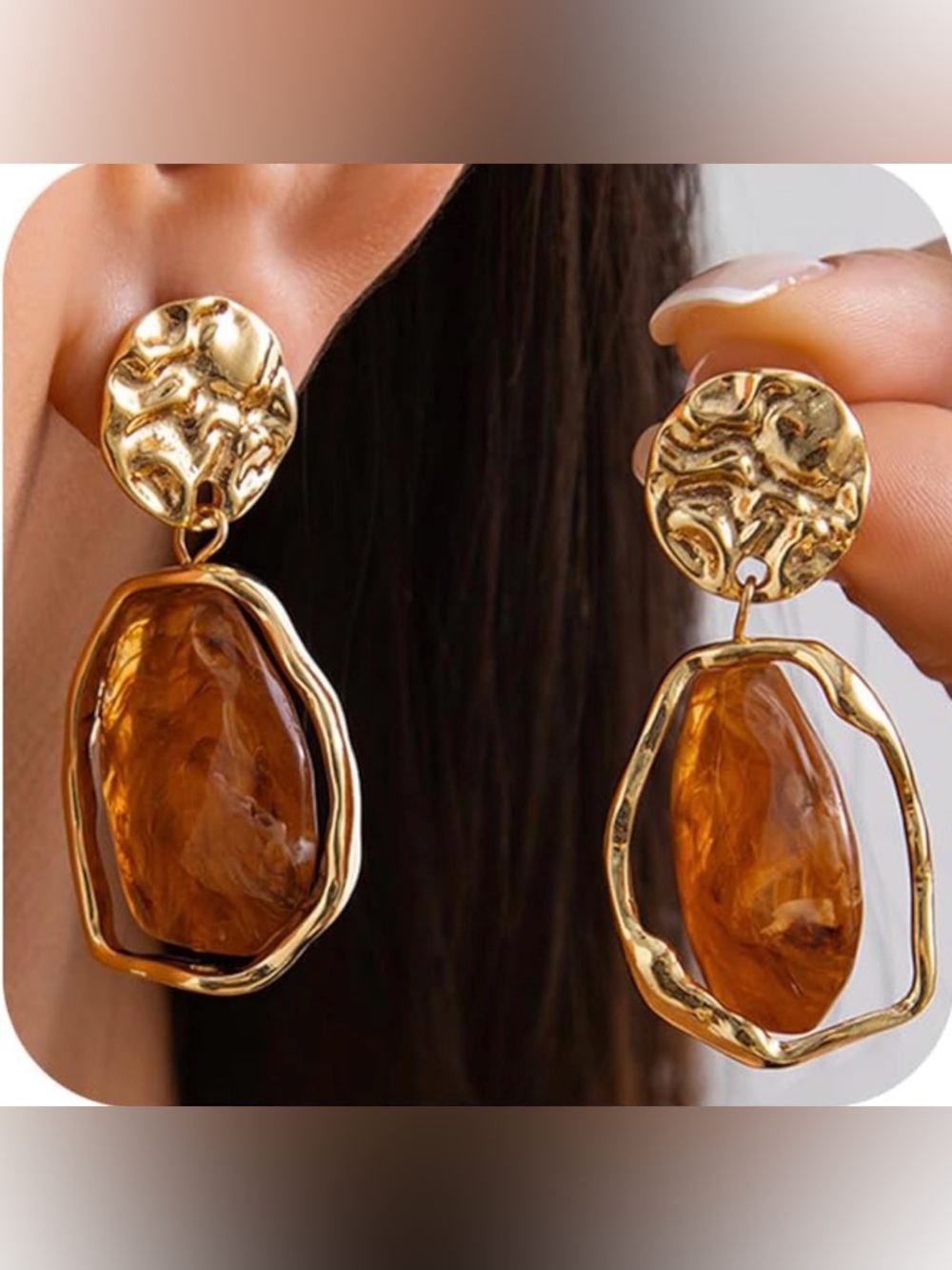 Gold Amber Stone Drop Earrings - Elegant Women Jewelry
